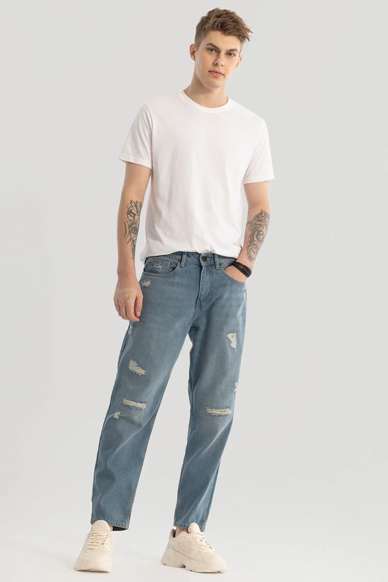 Blue Distressed Baggy Fit Jeans