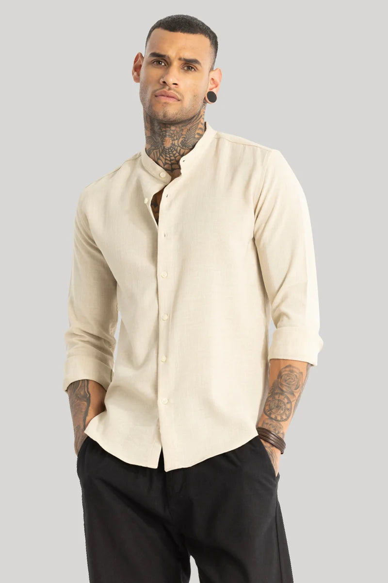 Cream Mandarin Linen Shirt