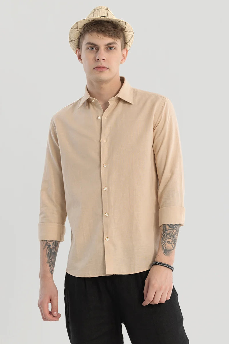 Beige Plain Linen Blend Shirt