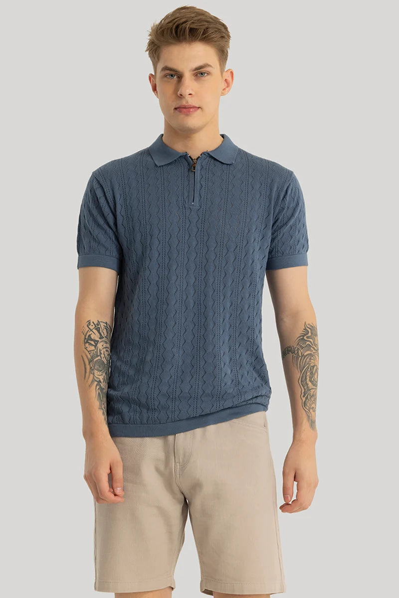 Ascent Stone Blue Knitted Polo T-Shirt