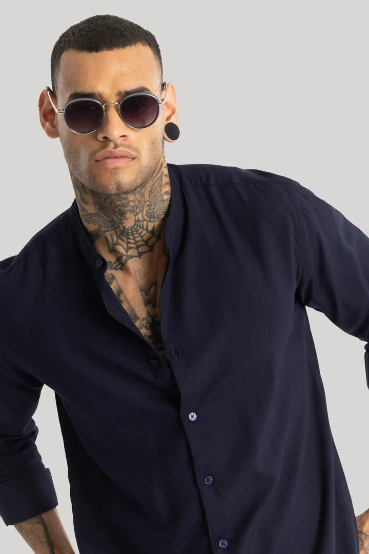 Navy Mandarin Collar Shirt