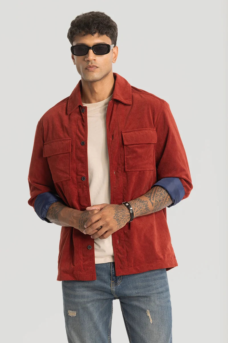 Red Suede Double Pocket Overshirt