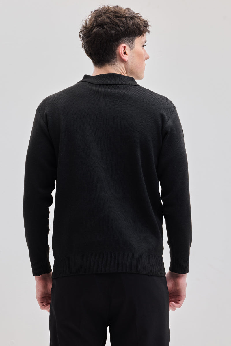 Black Knitted Polo Sweater