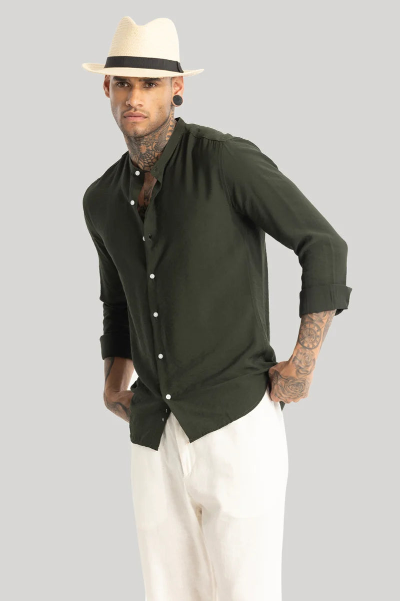 Olive Crushed Mandarin Collar Shirt