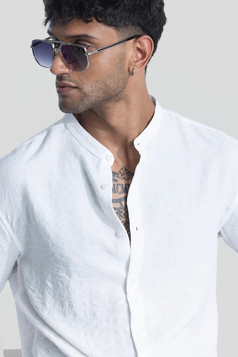 White Mandarin Textured Shirt