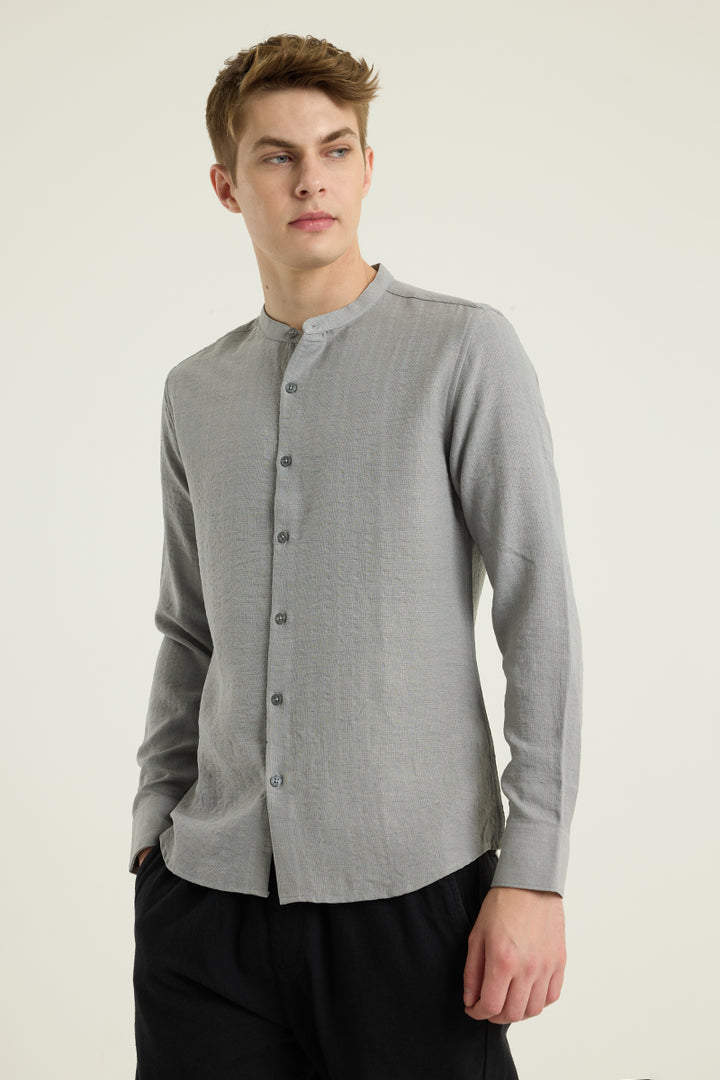 Light Grey Mandarin Self Stripe Shirt