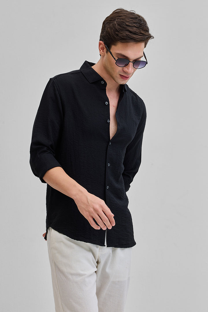 Black Textured Linen Blend Shirt