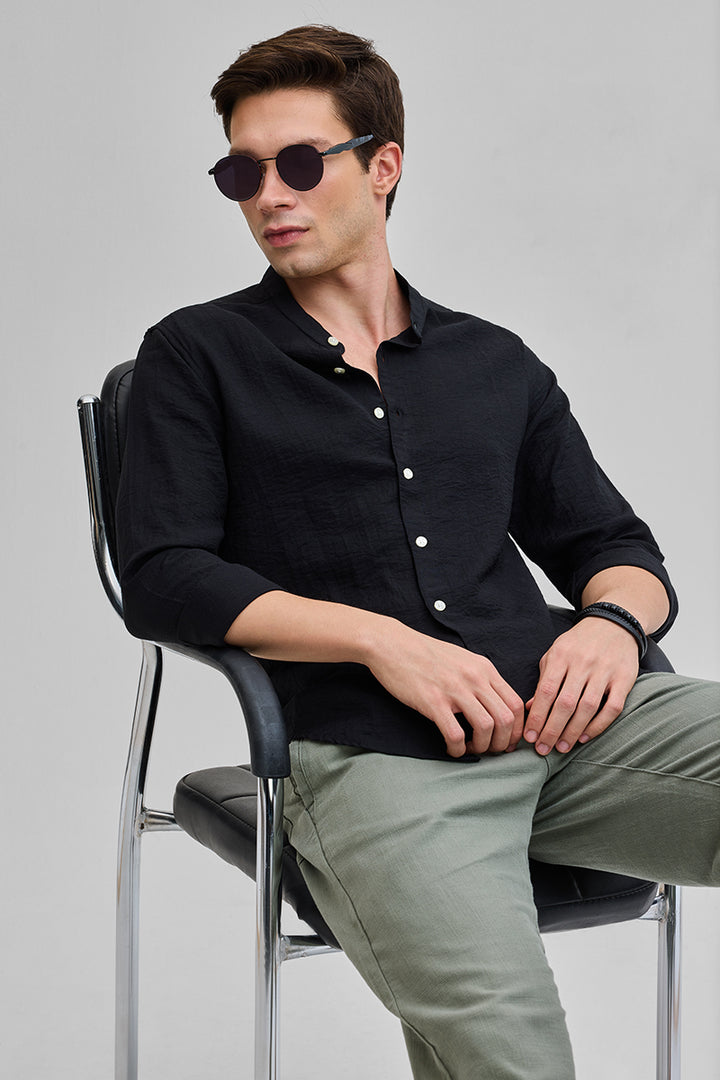 Black Mandarin Linen Blend Shirt