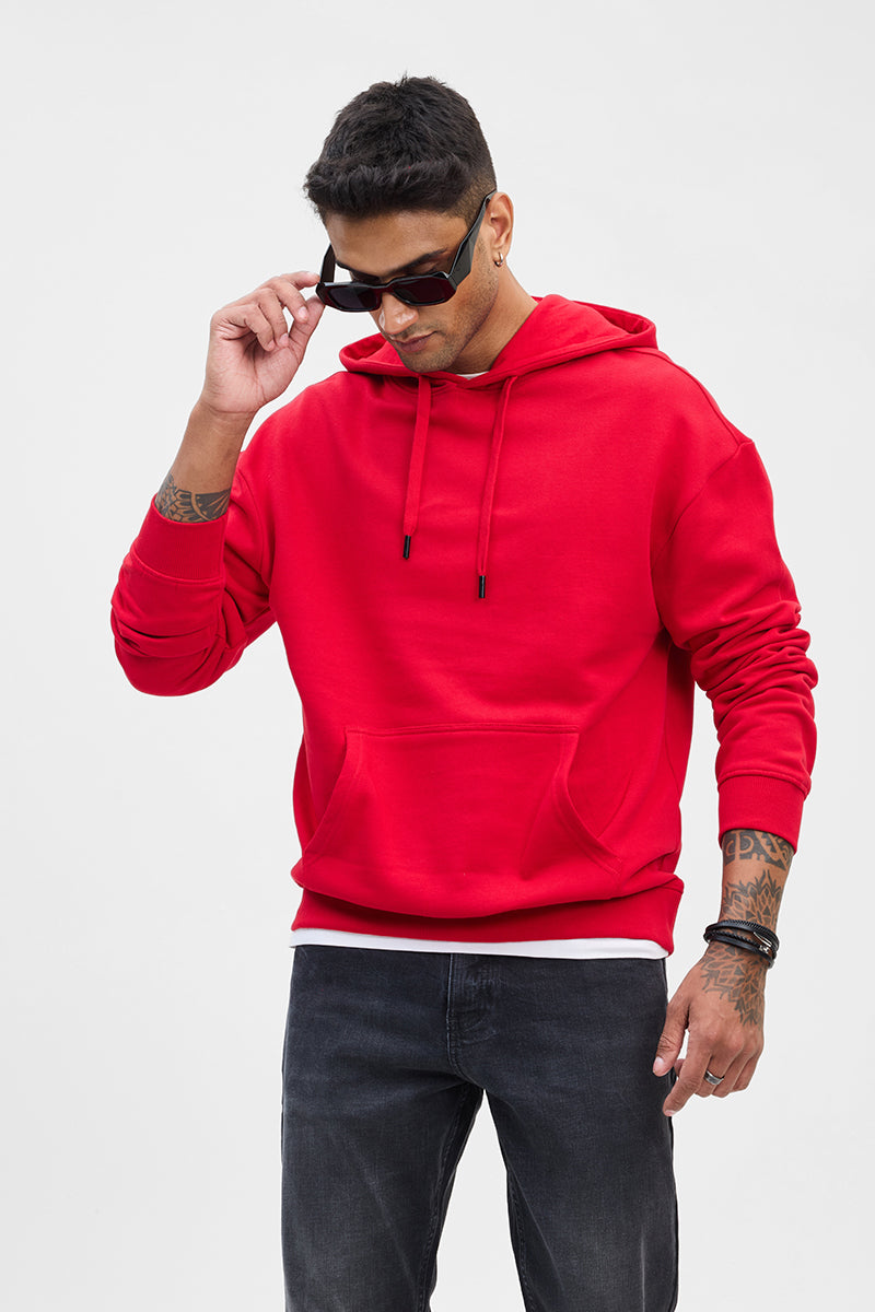 Red Solid Relaxed Fit Hoodies