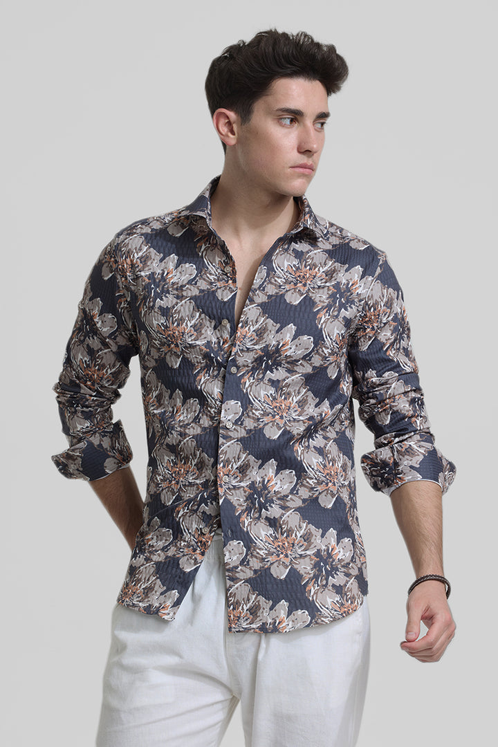 Charcoal Grey Floral Slim Fit Shirt