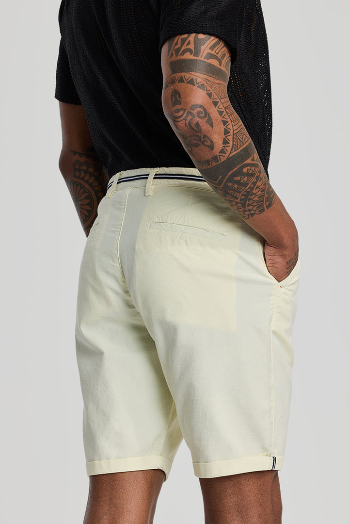 Cream Plain Linen Regular Fit Shorts