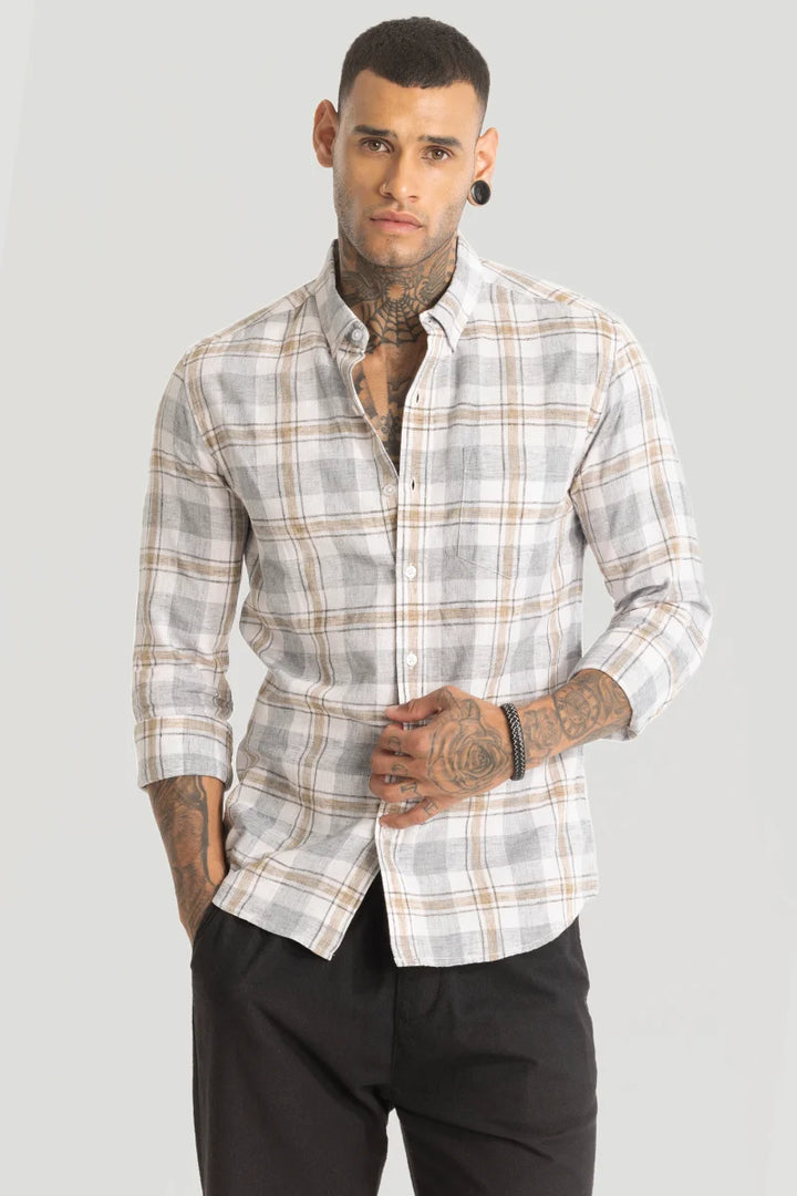 Grey Linen Blend Checks Shirt