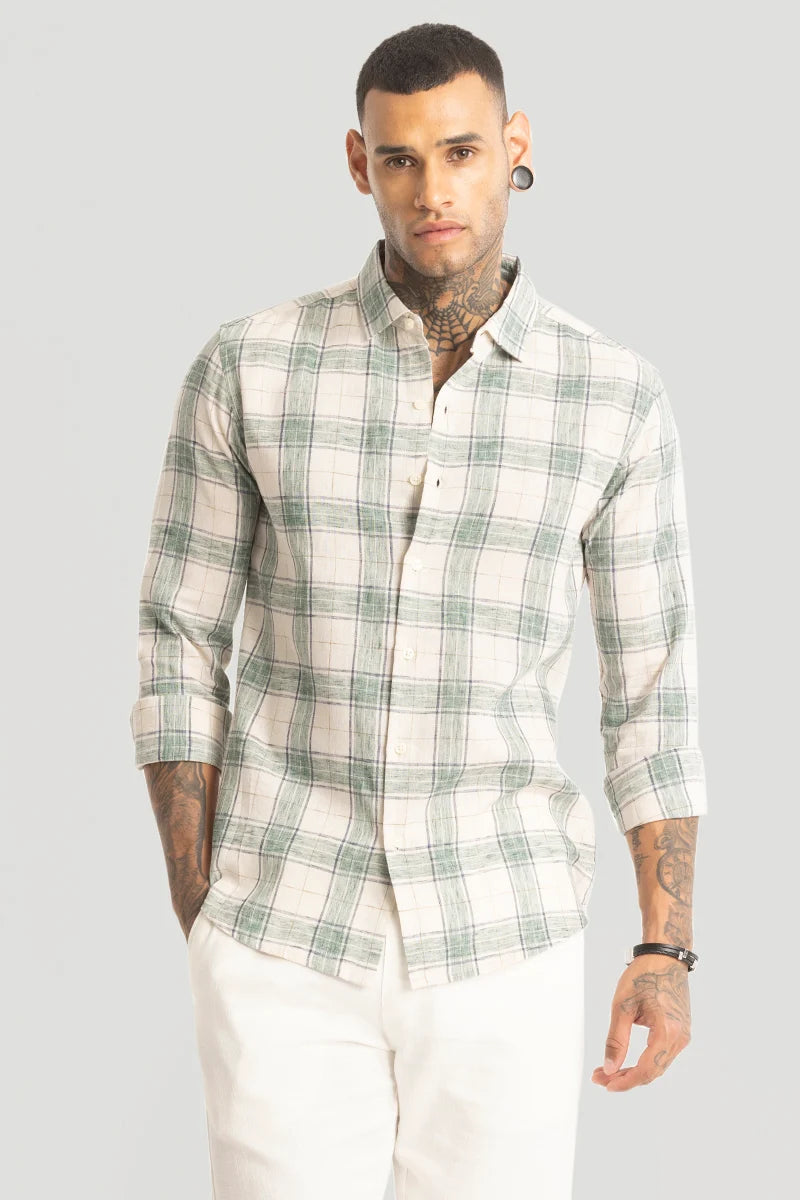 Green Linen Blend Checks Shirt