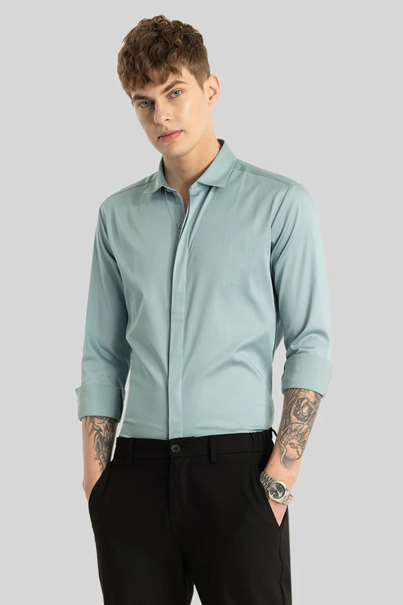 Blue Concealed Placket Shirt