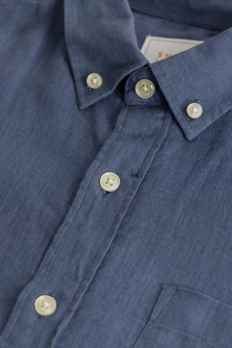 Elementary Stone Blue Plain Pure Linen Shirt