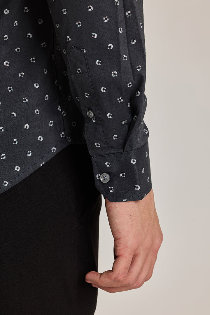 Charcoal Grey Slim Fit Geometric Shirt