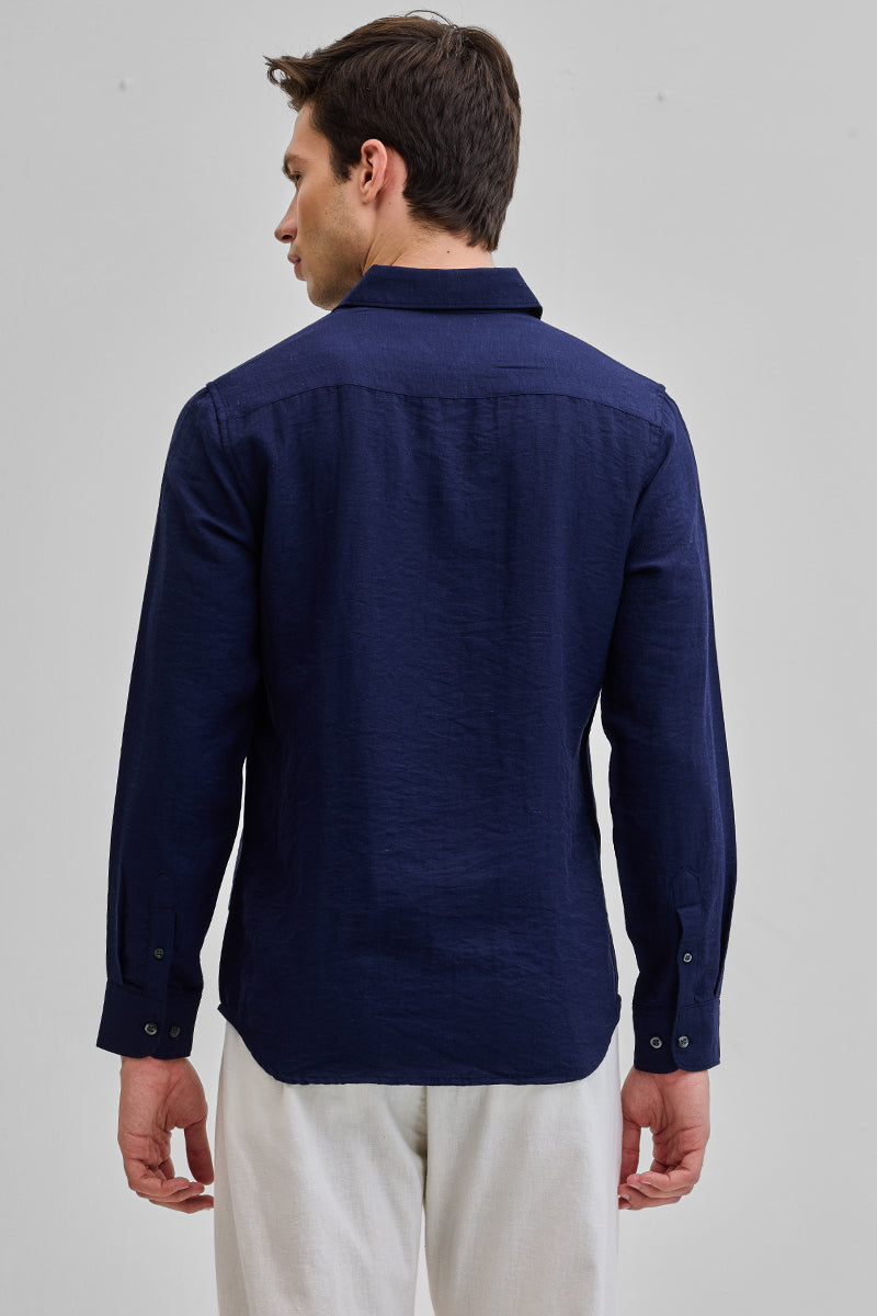 Navy Textured Linen Blend Shirt