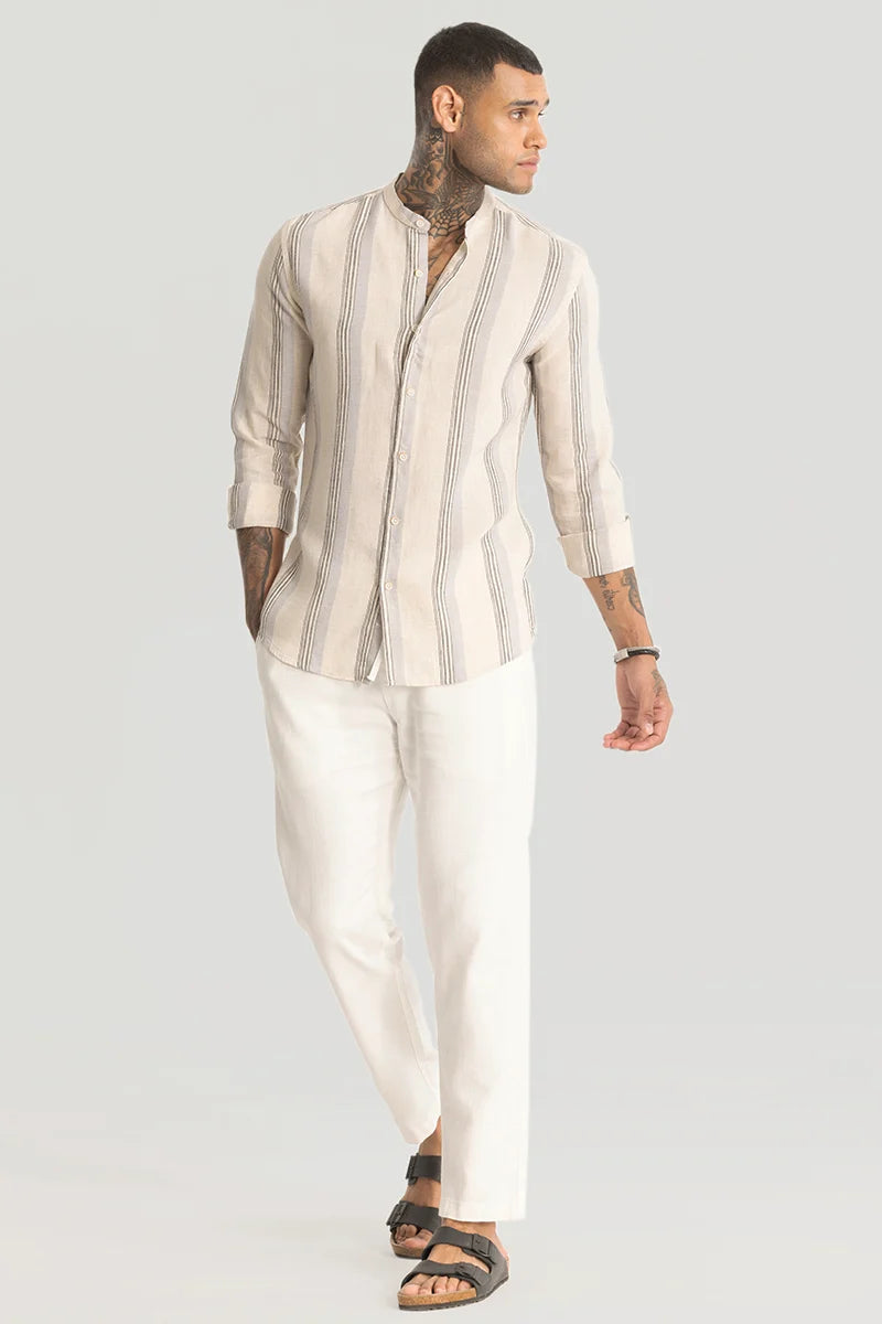 Cream Stripes Linen Blend Shirt