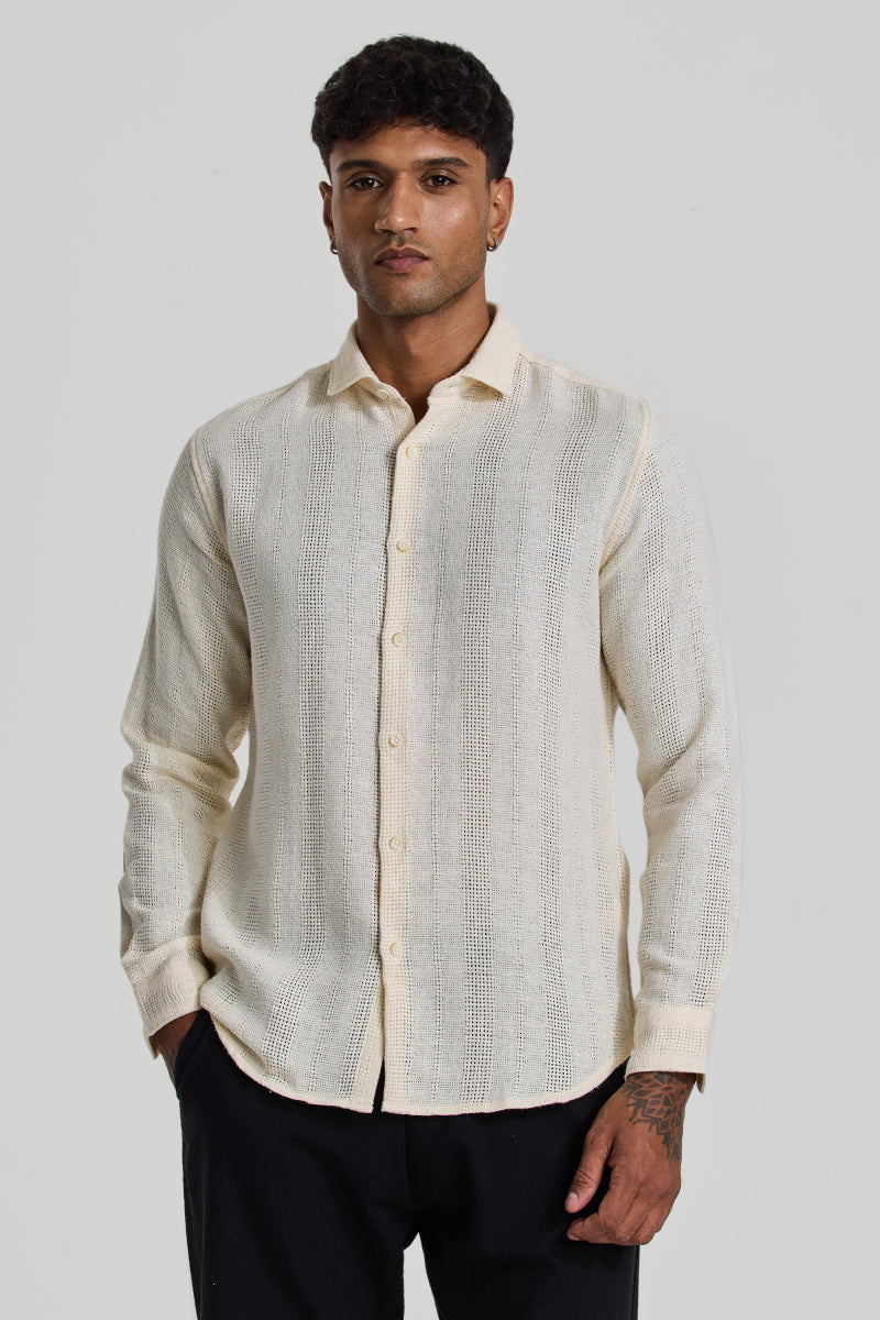 Cream Knitted Slim Fit Shirt