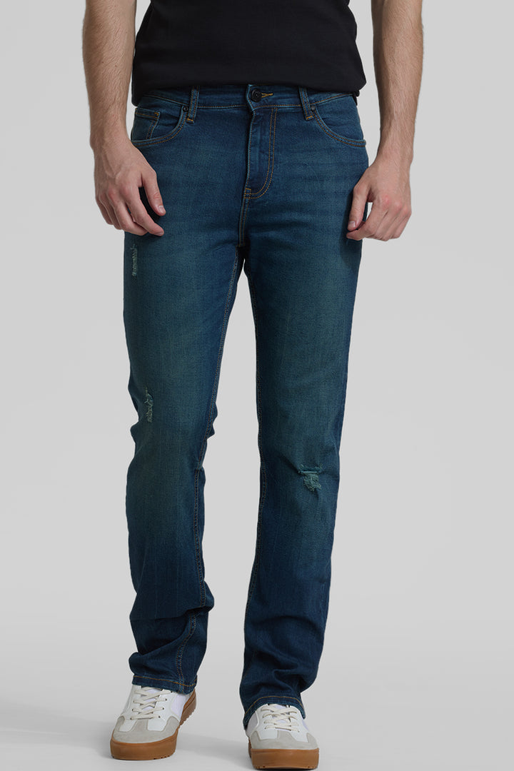 Dark Blue Distressed Straight Fit Jeans