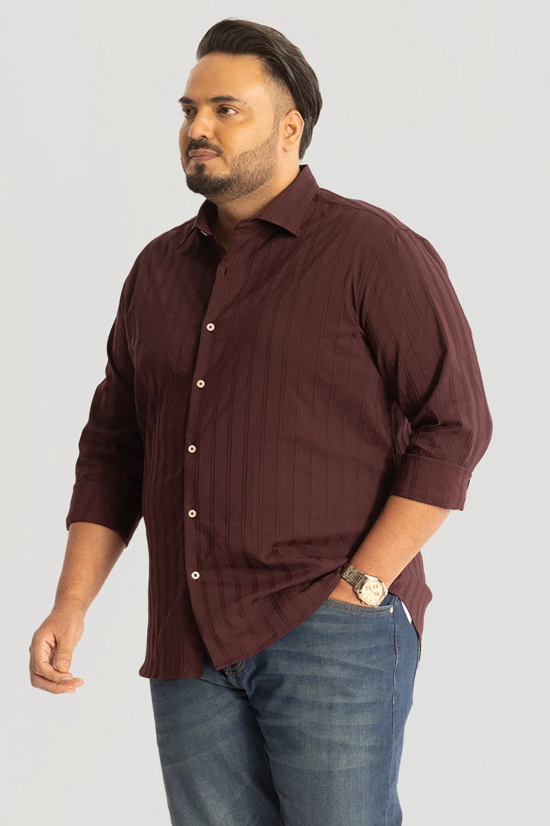 Maroon Self Stripe Textured Plus Size Shirt