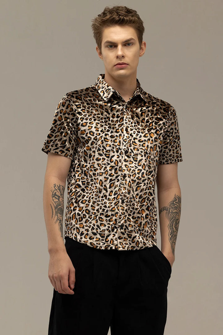 Magne Brown Animal Print Velvet Shirt