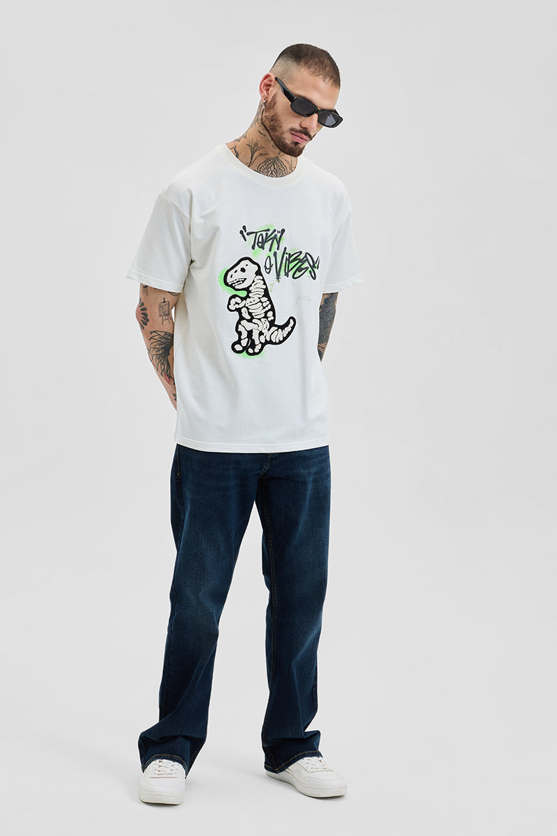 Dino Off White Printed Oversized Fit T-Shirt