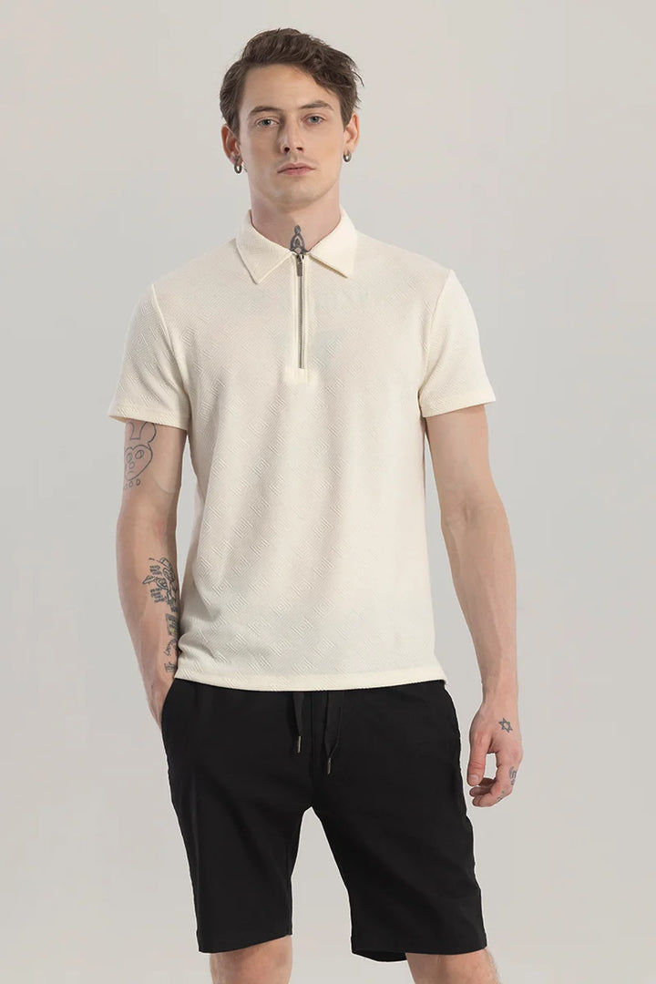 ZipPolo Printed Cream Polo T-Shirt