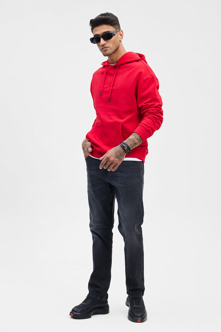 Red Solid Relaxed Fit Hoodies