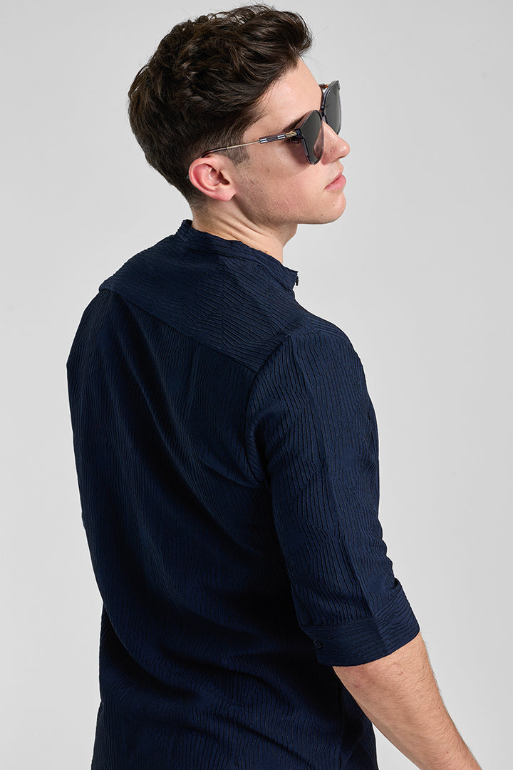 Navy Textured Mandarin Shirt