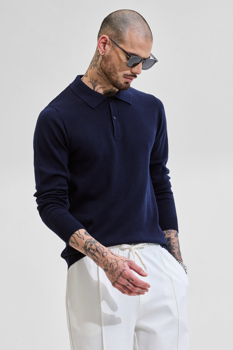 Core Lab Navy Slim Fit Knitted Polo T-Shirt