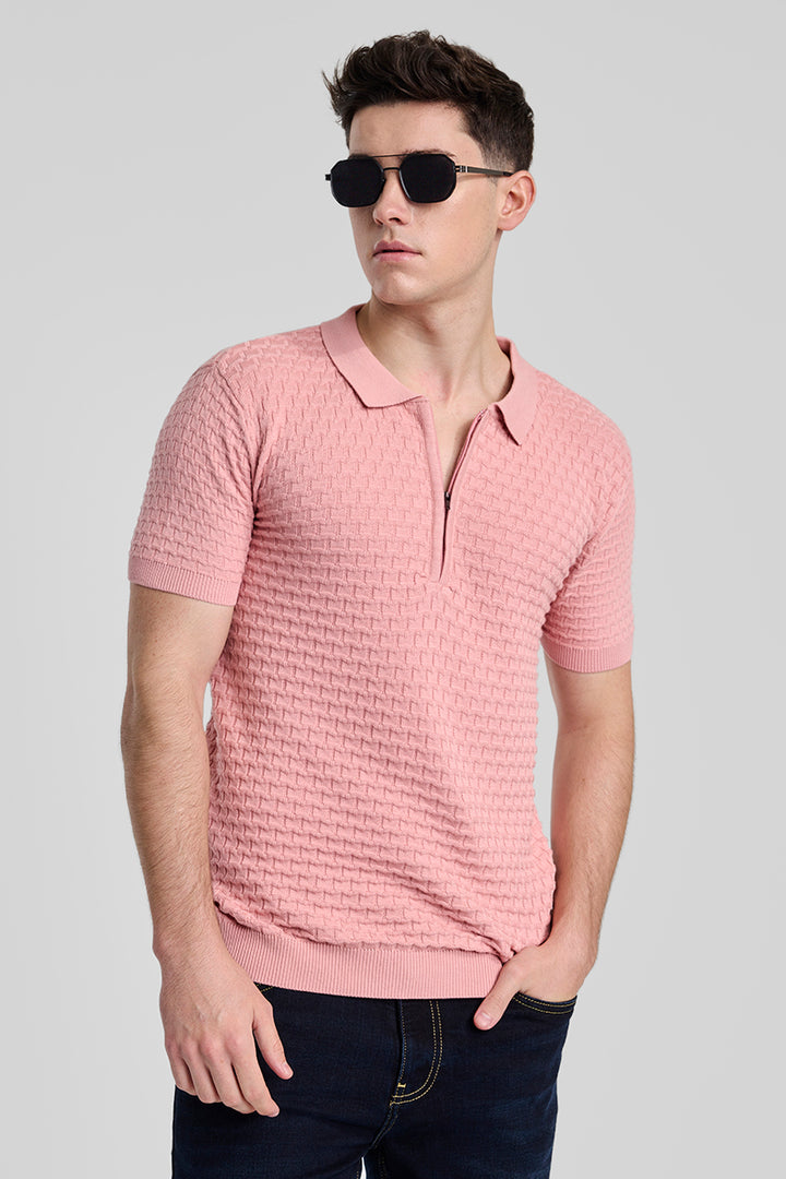 Light Pink Zipper Knitted Polo T-Shirt