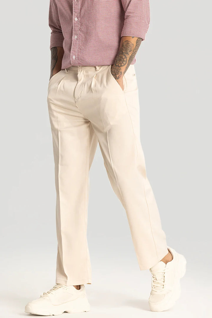 Cream Plain Relaxed Fit Trousers