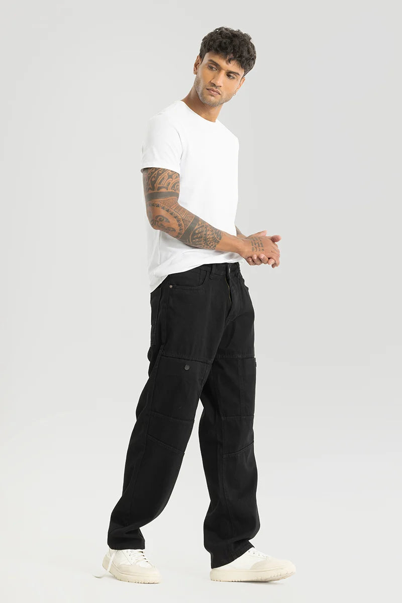 Chromatic Black Plain Baggy Fit Cargo Jeans