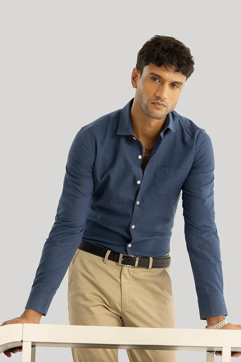 Claudio Blue Plain Linen Shirt