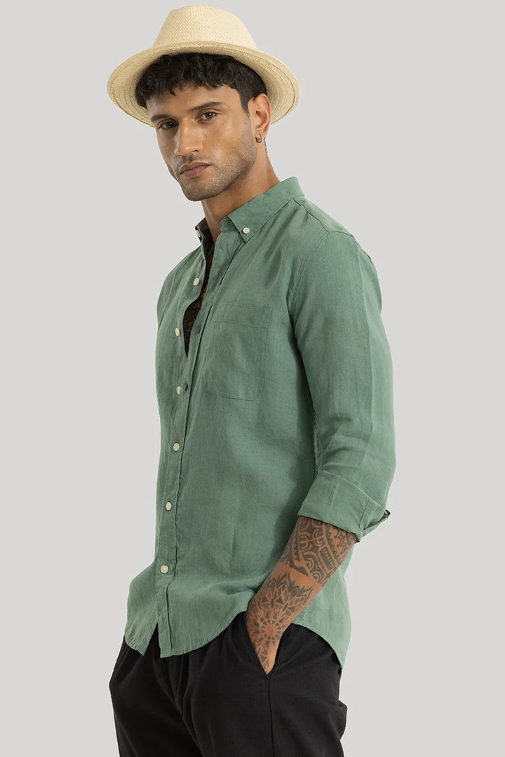 Elementary Green Plain Pure Linen Shirt