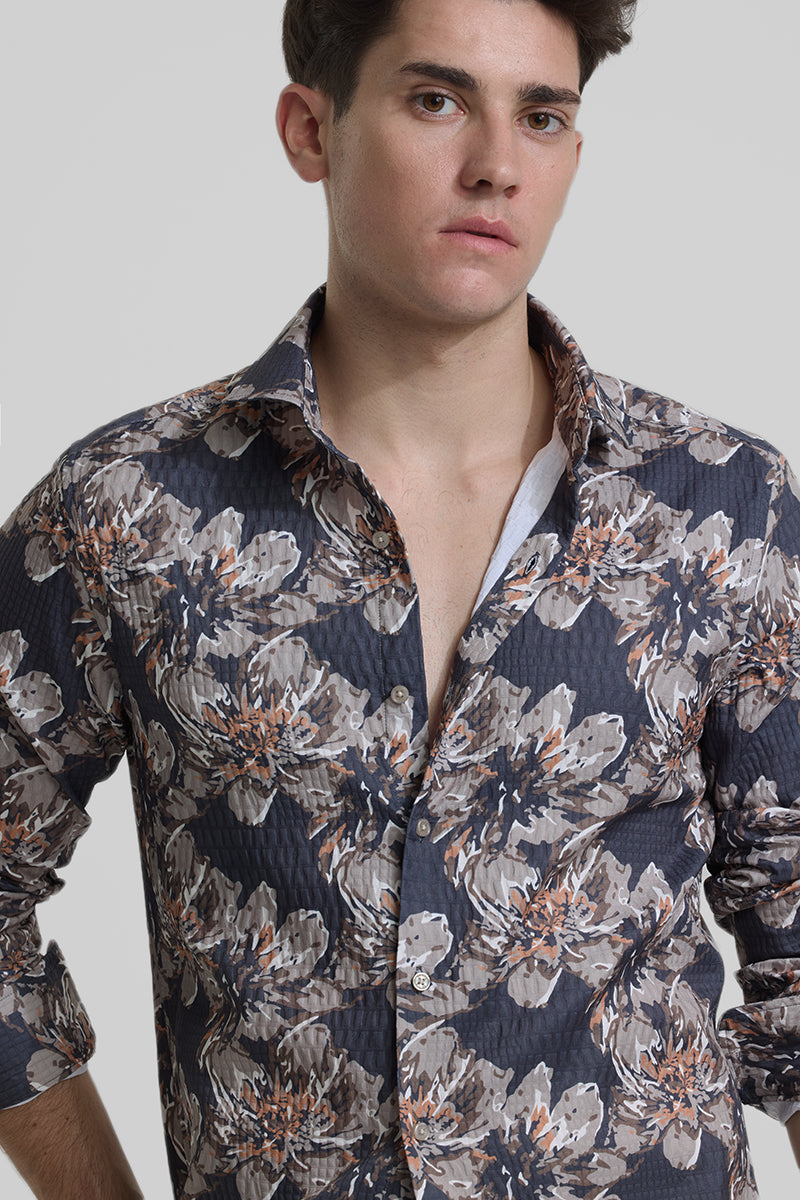 Charcoal Grey Floral Slim Fit Shirt