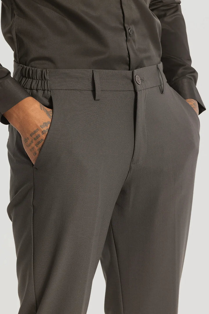 Grey Self-Design Slim Fit Trousers