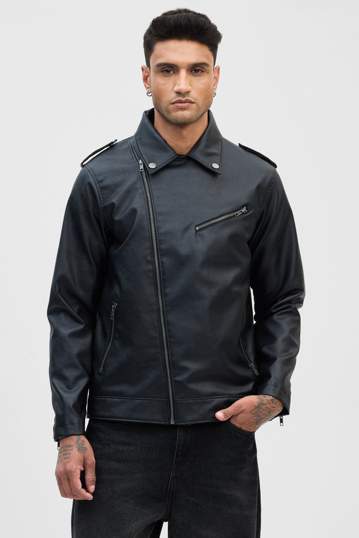 Black Zipper Faux Leather Jacket