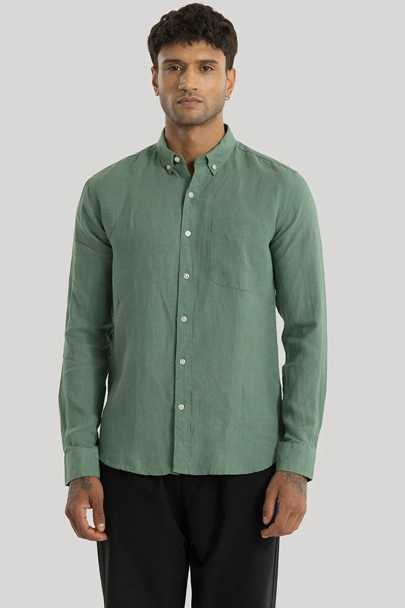 Elementary Green Plain Pure Linen Shirt