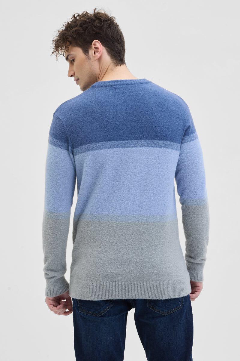 Blue Colourblocked Relaxed Fit Sweater