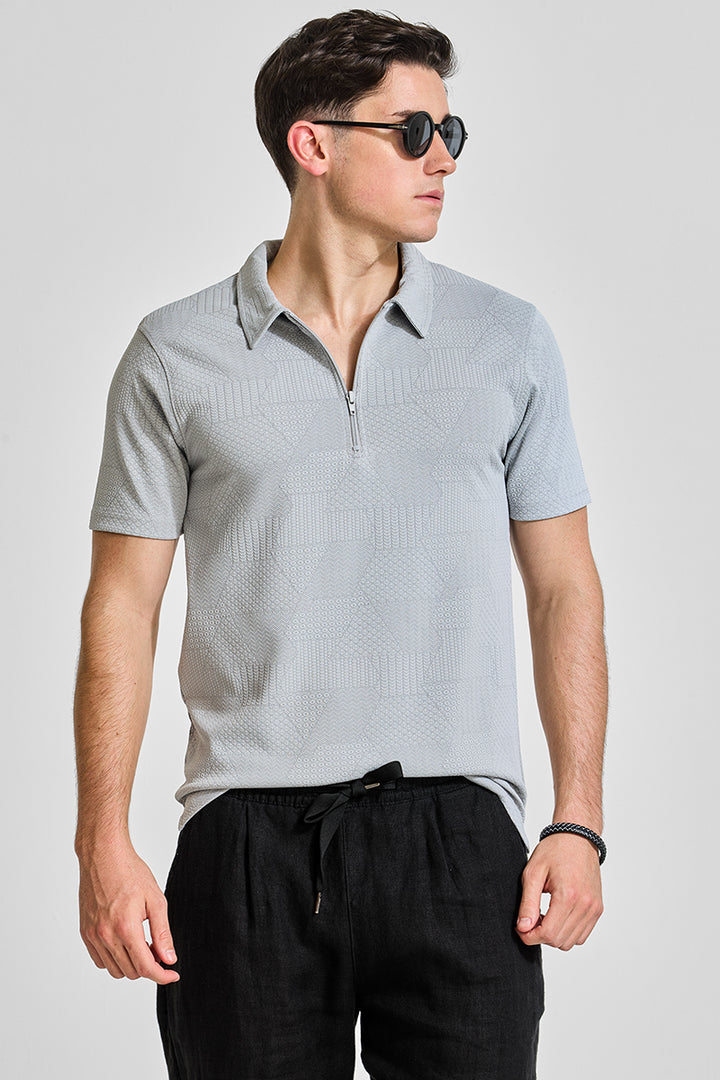 Grey Zipper Textured Polo T-Shirt