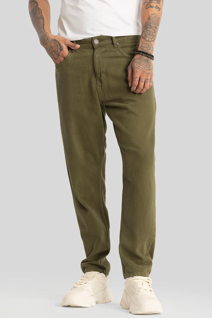 Olive Plain Baggy Fit Jeans