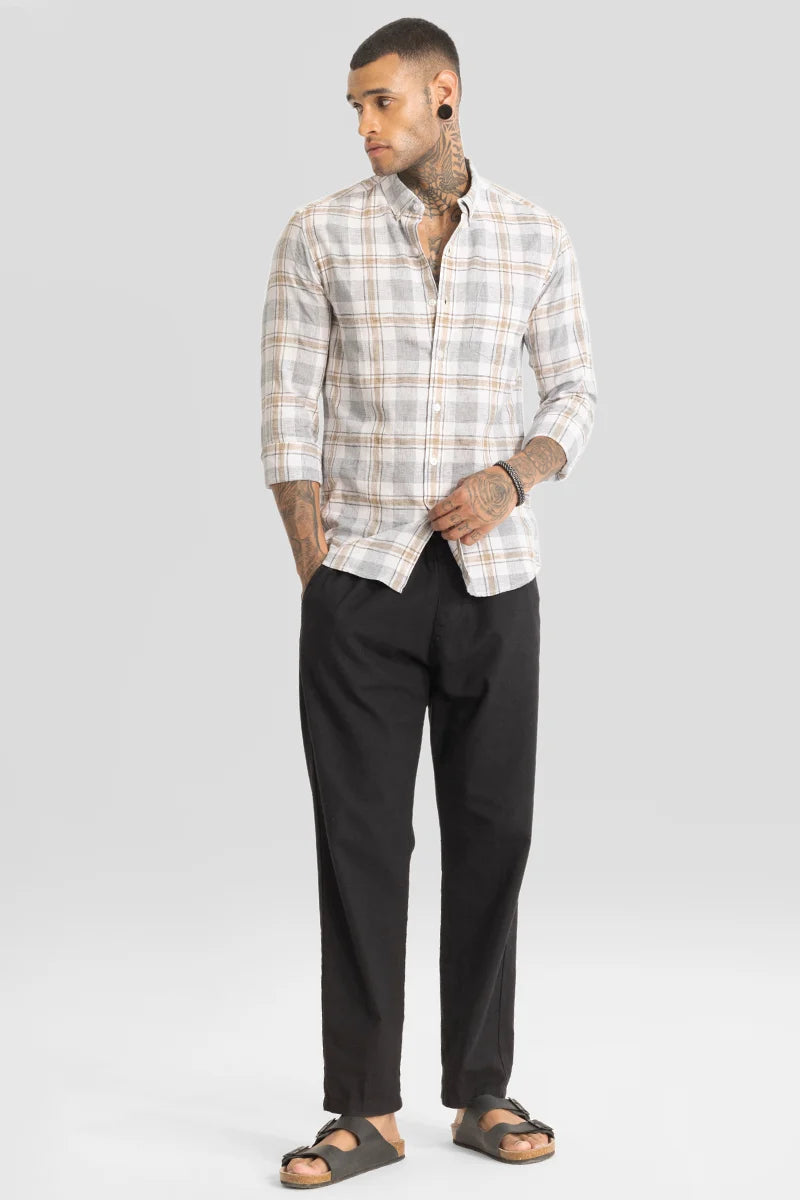 Grey Linen Blend Checks Shirt