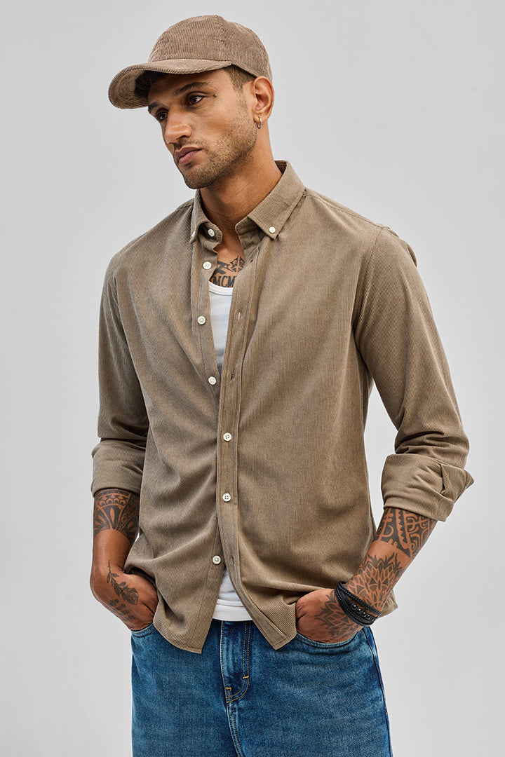 Beige Slim Fit Corduroy Shirt