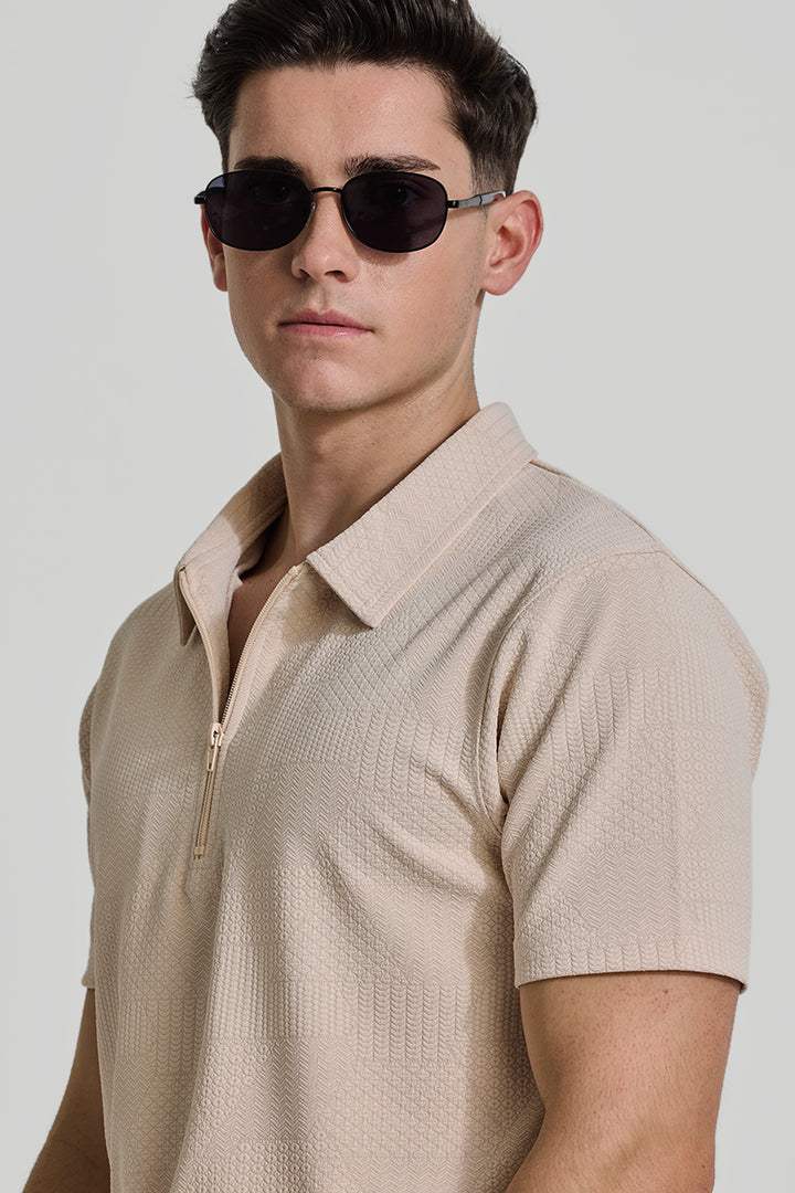 Beige Zipper Textured Polo T-Shirt