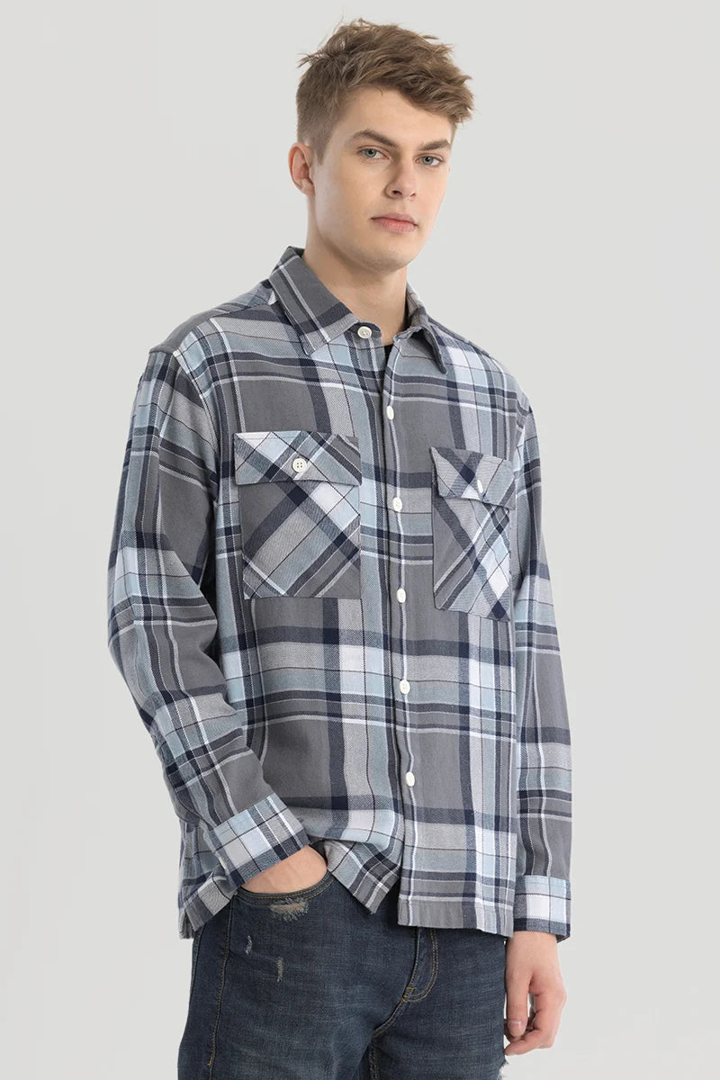 Grey Double Pocket Checks Shirt