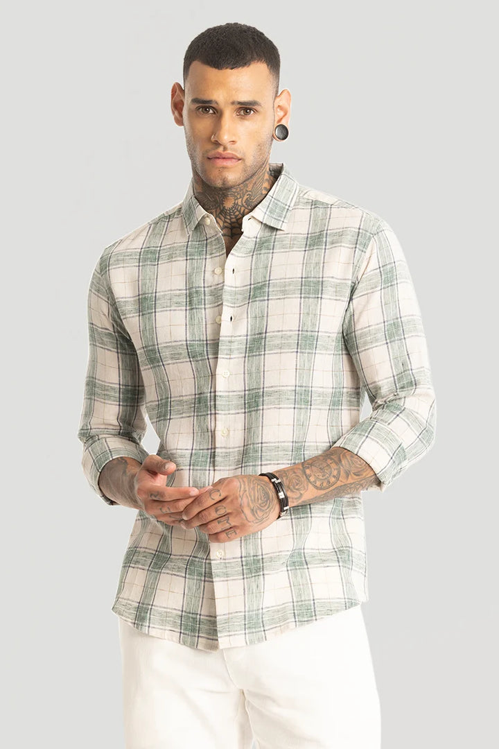 Green Linen Blend Checks Shirt