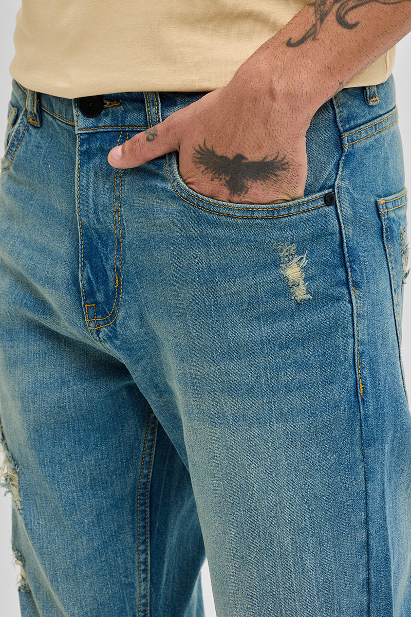 Blue Distressed Bootcut Jeans