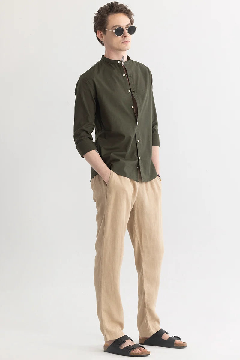 Mandarique Olive Linen Blend Shirt